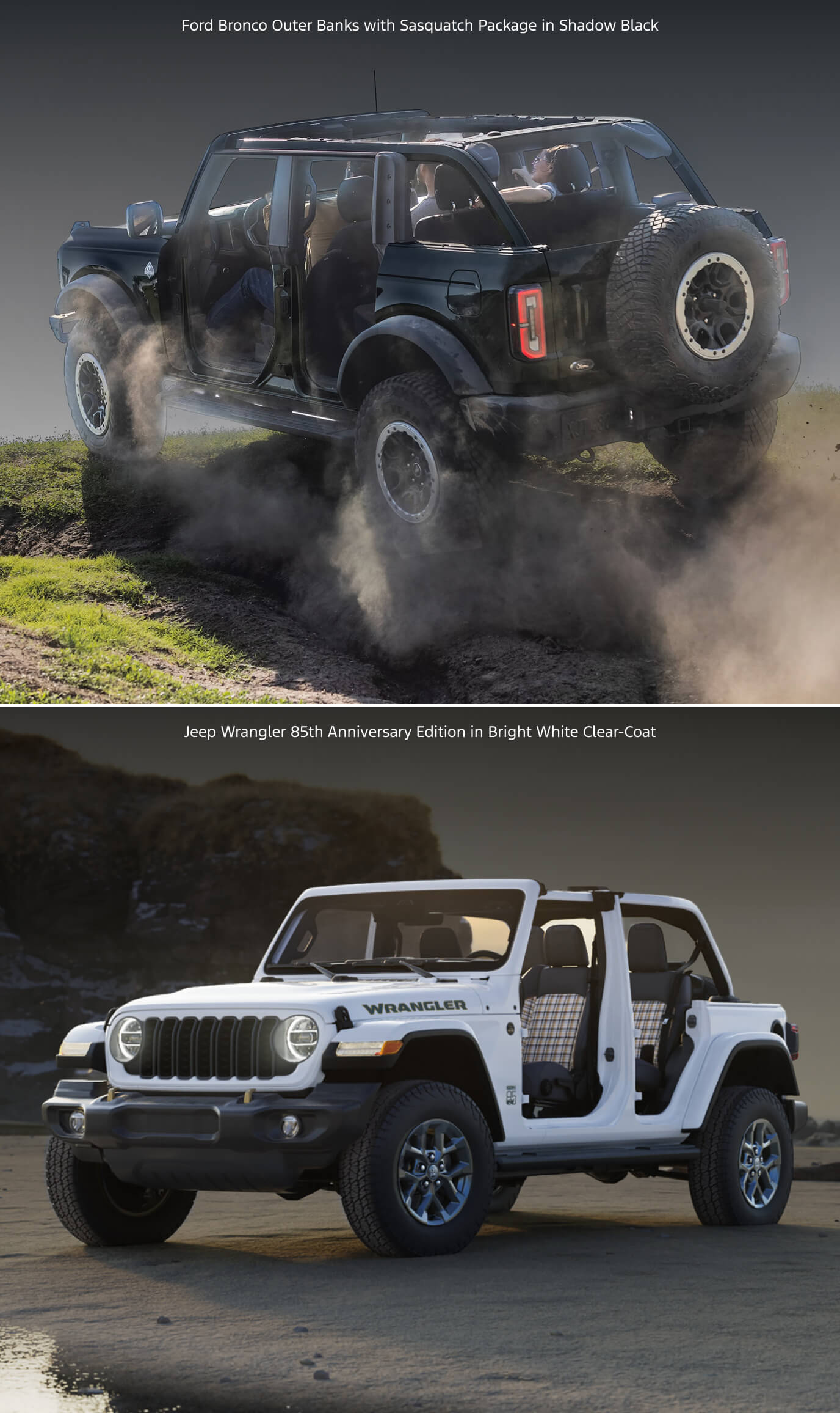 Ford Bronco Outer Banks Sasquatch in Shadow Black on dusty hillside. Jeep Wrangler 85th Anniversary Edition in Bright White Clearcoat on sandy beach.