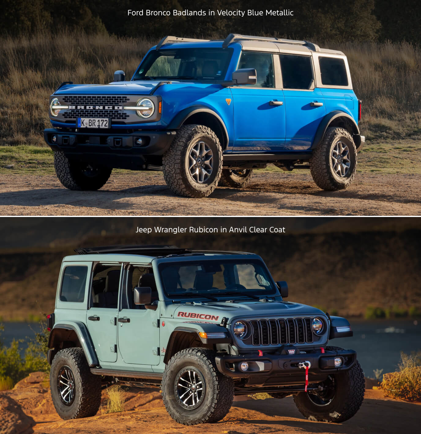 Ford Bronco Badlands in Velocity Blue Metallic with roof rack rails on dirt pathway. Jeep Wrangler Rubicon in Anvil Clear Coat with Sky One-Touch powertop on rocky ridge.