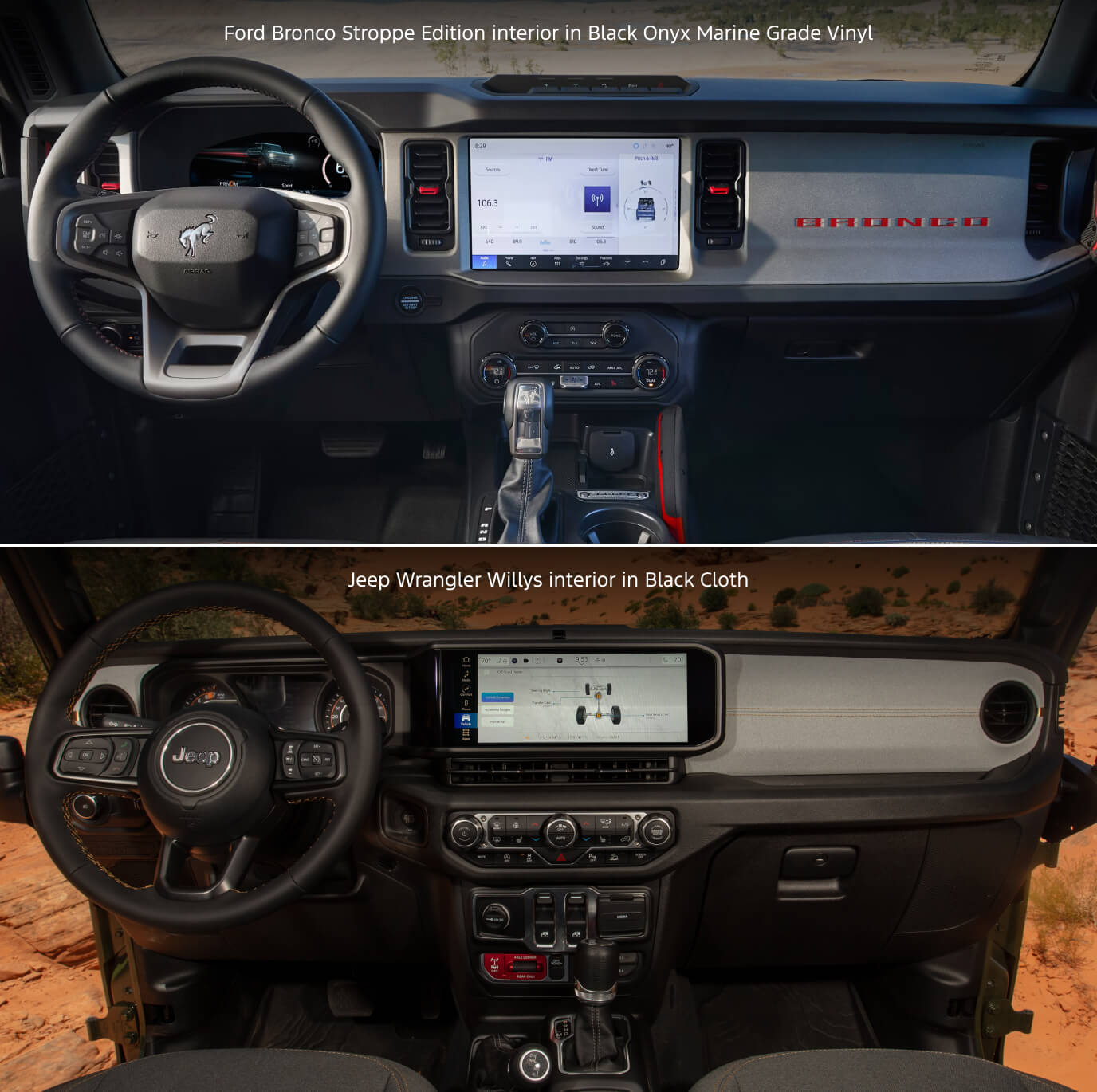 Ford Bronco Stroppe Edition interior with Code Orange dashboard lettering facing sand dunes.
Jeep Wrangler Willys interior with Uconnect infotainment display facing desert rock formations.